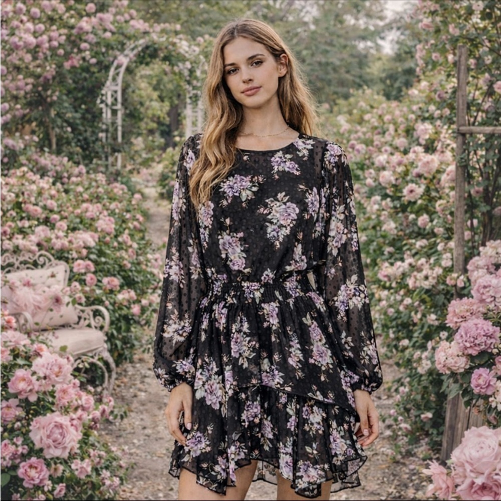 LoveShackFancy Black Kaia Silk Floral Mini Dress Size XS 23060
